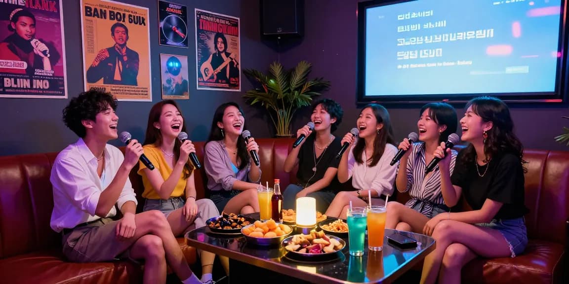 Group singing at a lively 강남가라오케 lounge with colorful lights