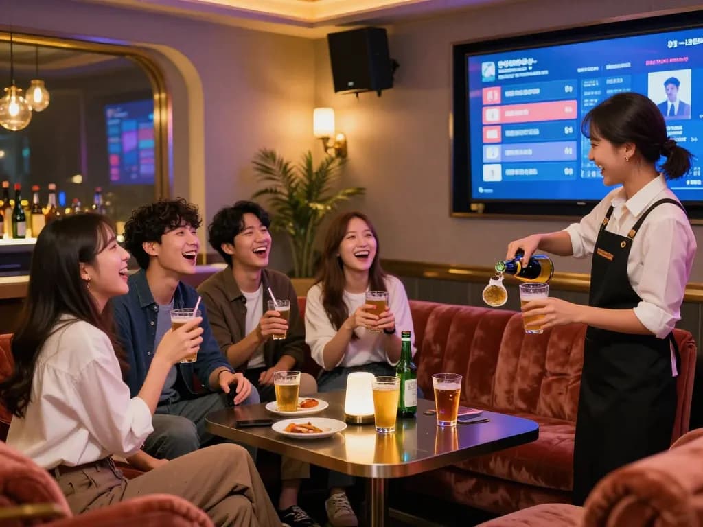 친구들과 함께 다채로운 노래방 밤을 즐기는 인천쓰리노의 재미있는 그룹 분위기.