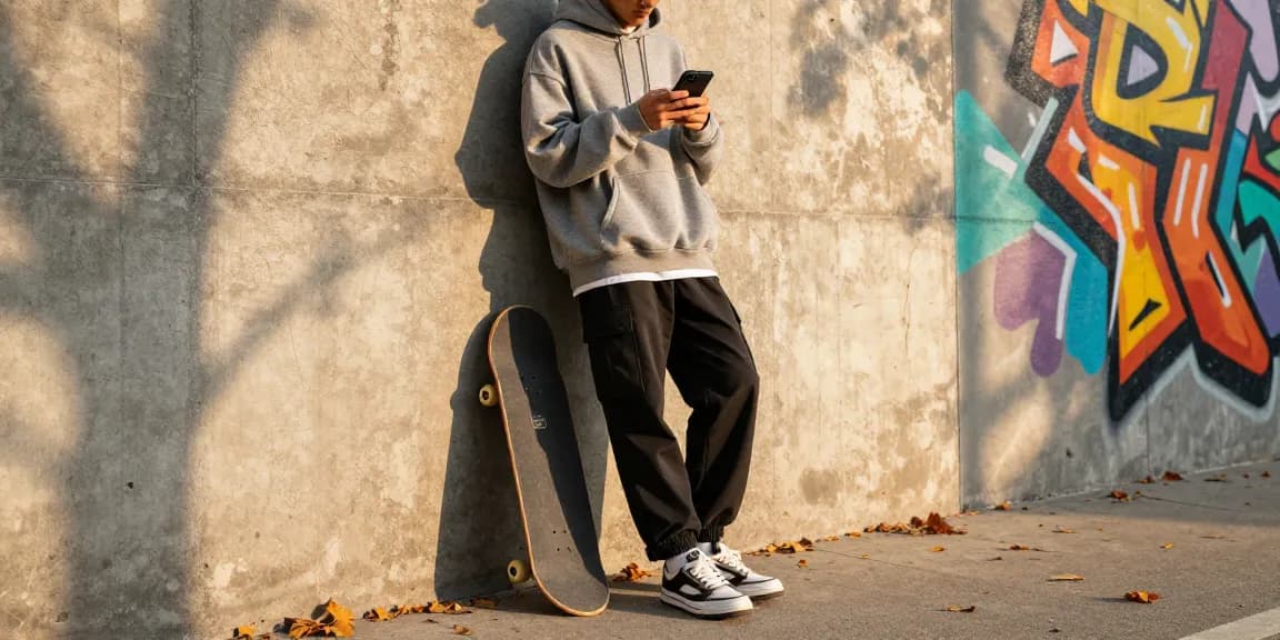Stylish individual in trendy streetwear showcasing fashion on shs-dome5.com with urban backdrop and skateboard.