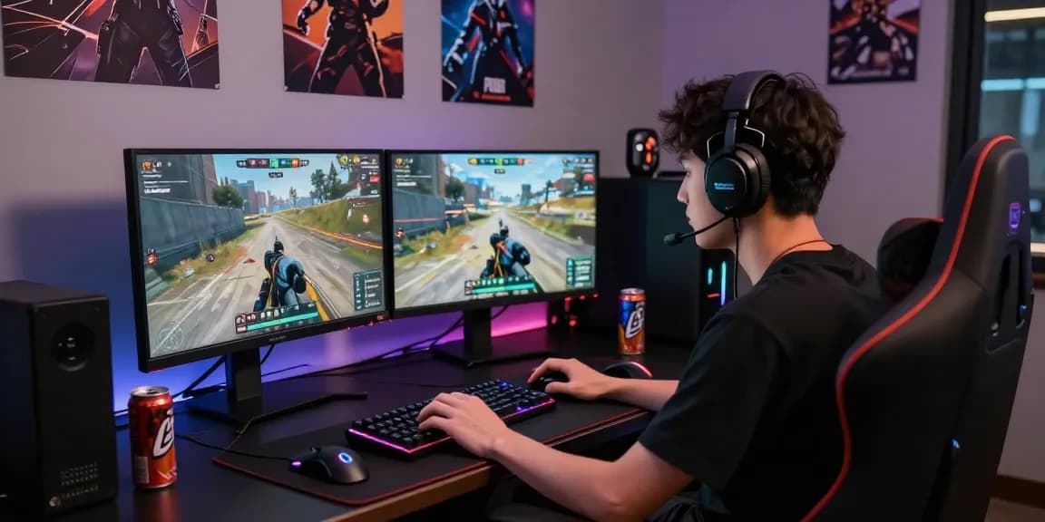 PUBG Cheats gaming setup with competitive player engaged in intense play, showcasing gaming equipment and immersive environment.