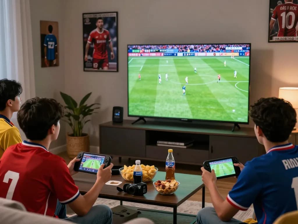 Trải nghiệm truyền hình bóng đá trực tiếp Lương Sơn TV trong một phòng khách sôi động với người hâm mộ thưởng thức trận đấu.