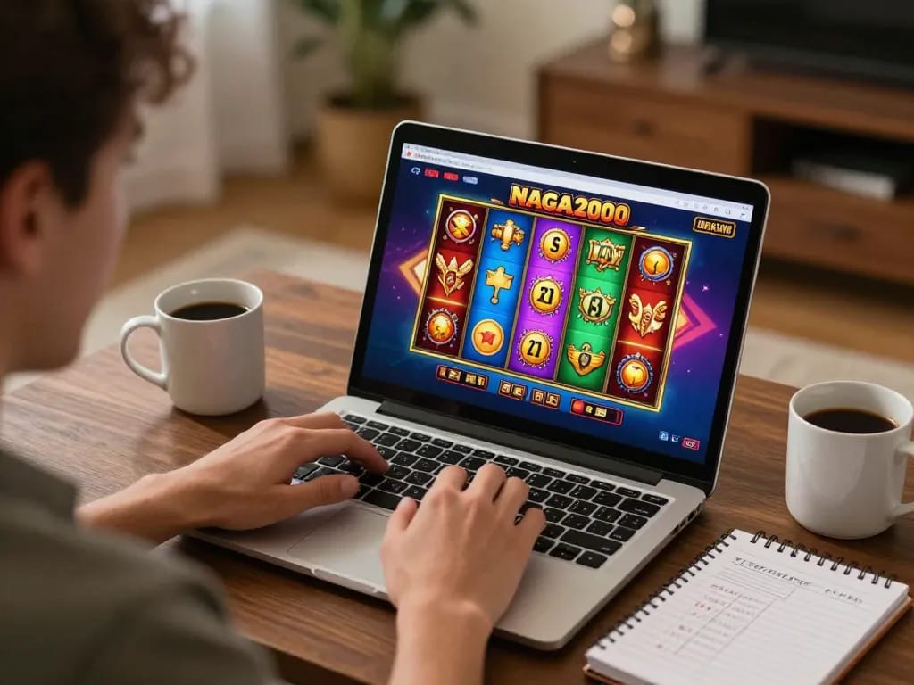 NAGA2000 slots experience on a laptop in a cozy home setting with betting notes