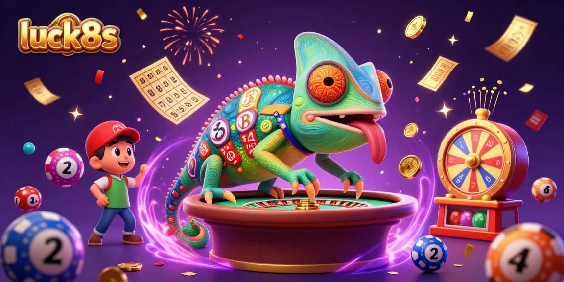 Experience vibrant gaming action at luck8s with a 3D chameleon casino owner amidst lively casino elements.