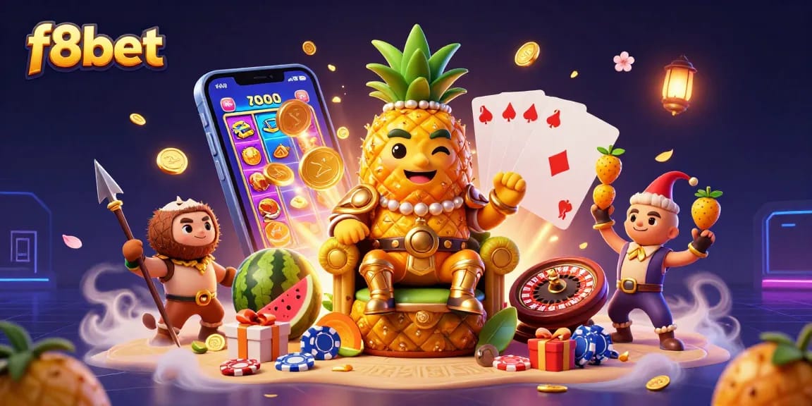 Experience the excitement of f8bet with a 3D illustration featuring vibrant casino characters and dynamic gambling elements.