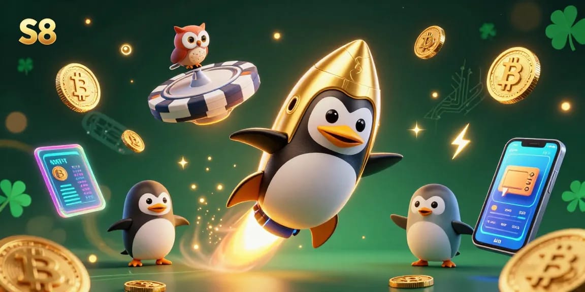 S8 engages players with exciting games and crypto elements in a vibrant casino-themed scene.