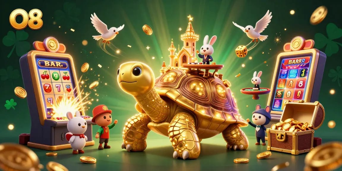 Experience the excitement of O8 with a vibrant casino scene featuring a golden tortoise and jackpot elements.