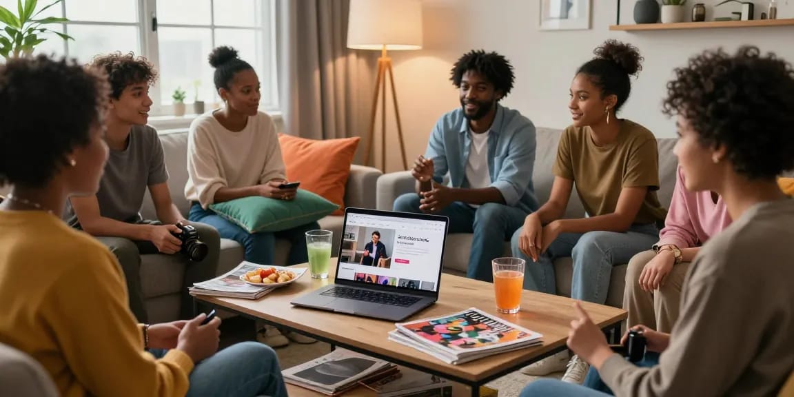 Engaging casual scene discussing erome leaks in a cozy living room with friends and online content.
