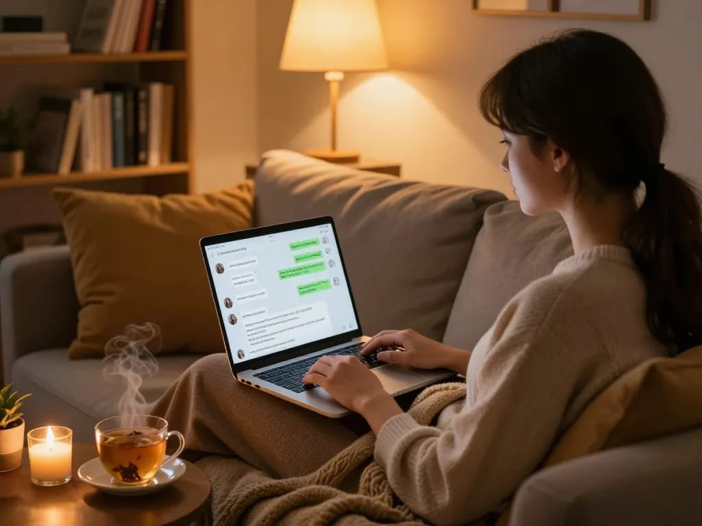 Engaging porn ai chat session in a cozy room with intimate lighting, showcasing the digital dialogue interaction.