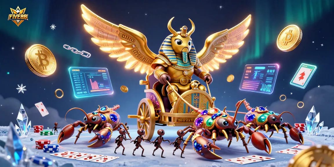 Experience the thrill of FIVE88 with an exciting 3D casino scene filled with vibrant poker elements and stunning visuals.