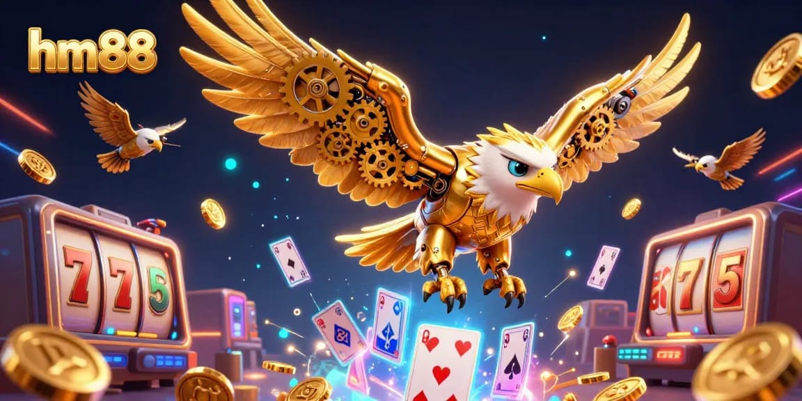 Experience vibrant casino action with the animated eagle and game elements at hm88.