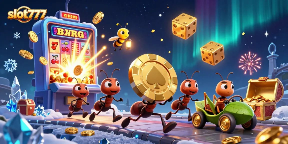 Mengalami slot777 dengan tim semut kartun 3D yang mencuri chip poker emas dalam suasana kasino yang hidup.