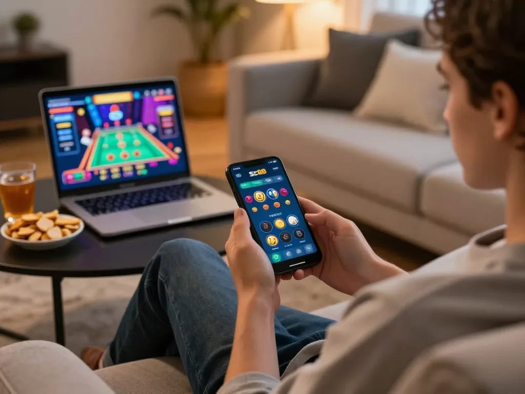 Engaging with the sc88 app while relaxing at home, highlighting mobile gaming excitement.