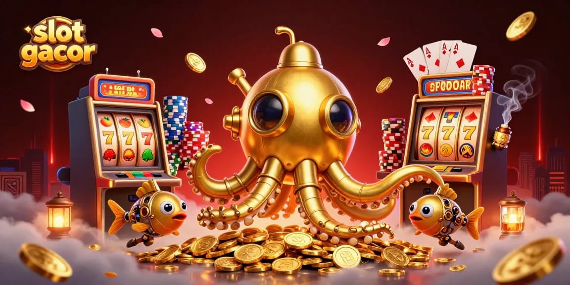 Engage with slot gacor through a vibrant 3D scene of a kraken submarine amidst golden coins.