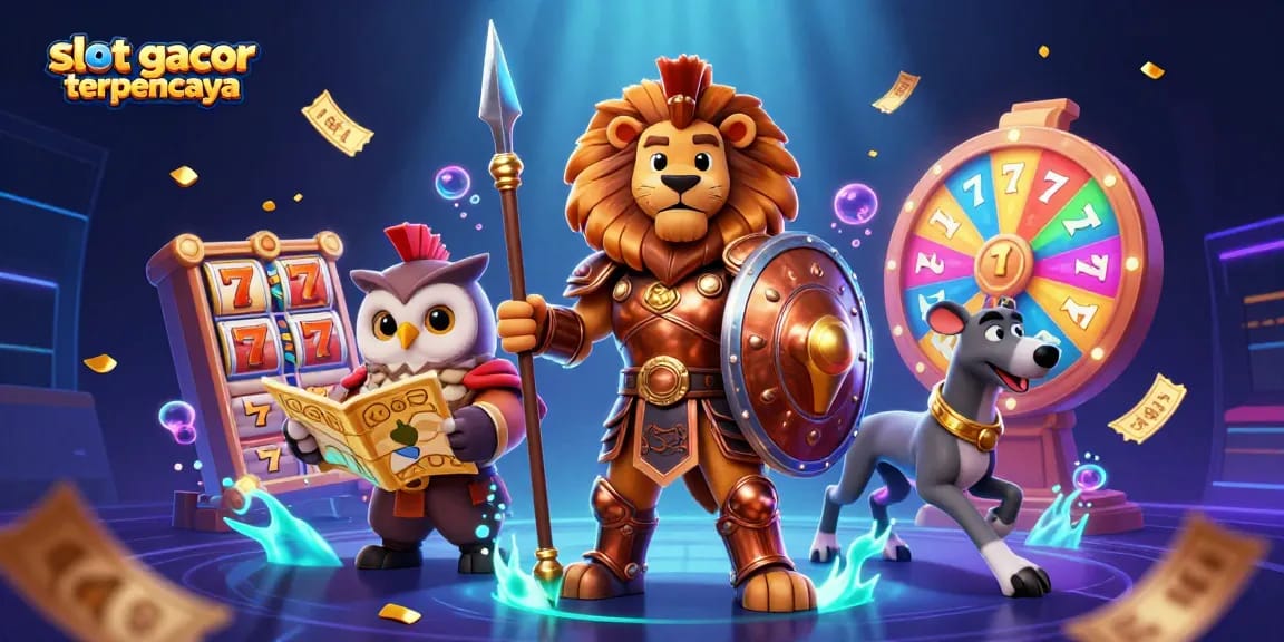 Experience slot gacor terpercaya with an energetic 3D depiction featuring vibrant symbols and characters.