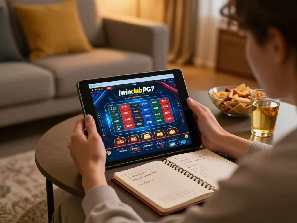 Iwinclub PG7 user engaging smoothly with online gaming on a tablet while enjoying a cozy home environment.