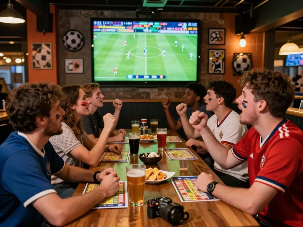 Excited fans enjoying kèo nhà cái 8 in a lively sports bar during a match.