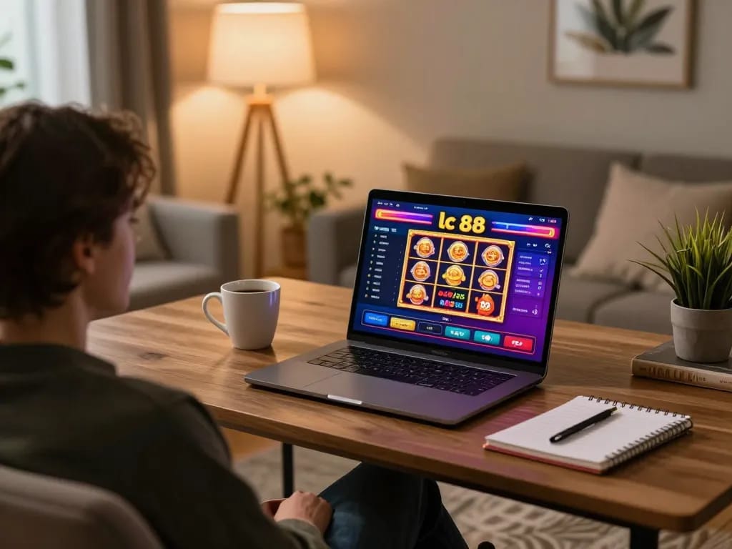 Engaging user playing on lc 88 casino laptop, showcasing a vibrant online gaming atmosphere at home.