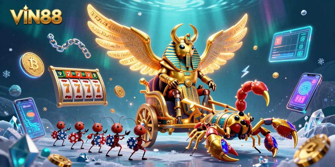 Engage in thrilling slots action with VIN88's vibrant casino world featuring a golden scarab and dynamic game elements.