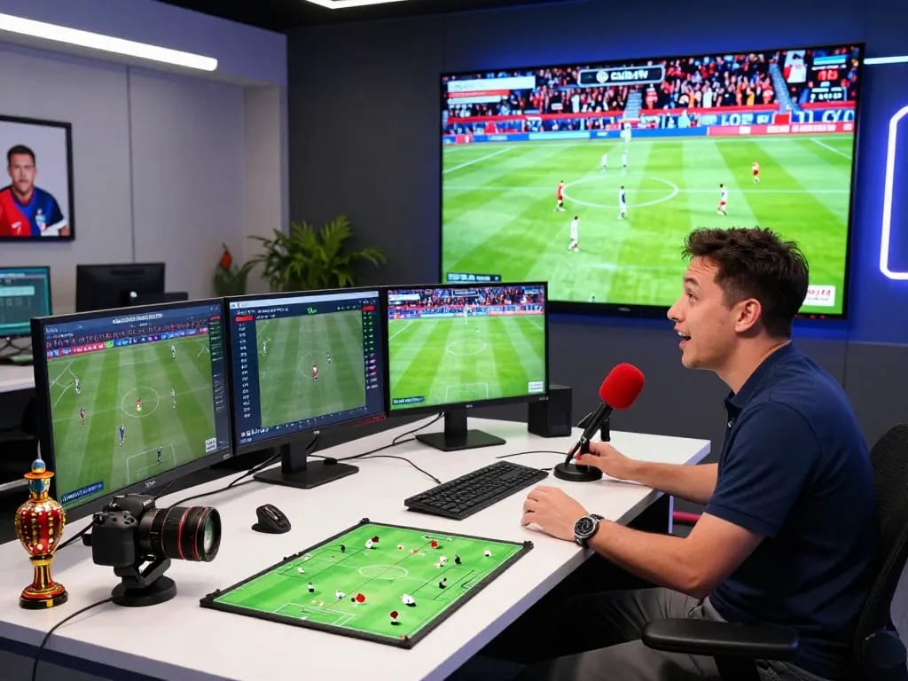 Sports analyst providing live commentary on Cà khịa tv with soccer statistics and match insights in a vibrant studio setting.