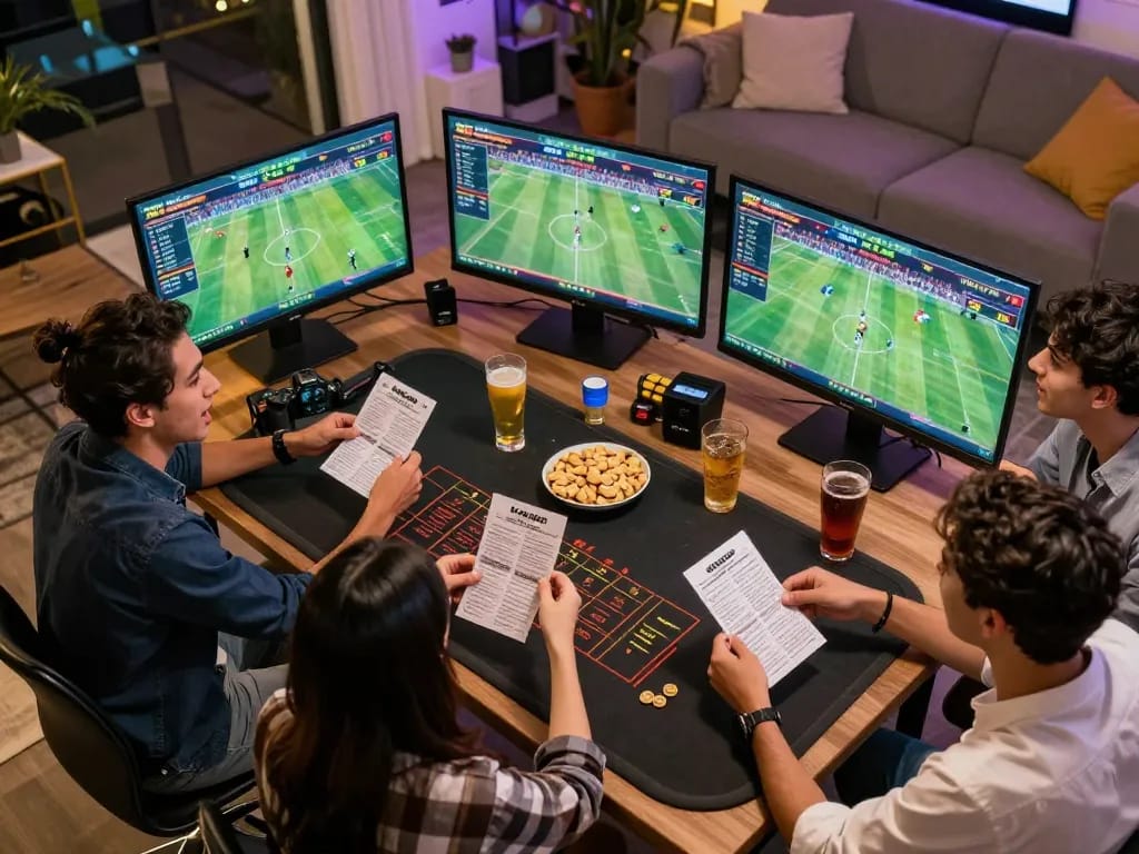Friends engaged in sports betting excitement while analyzing Kèo Nhà Cái 5 live statistics during game day.