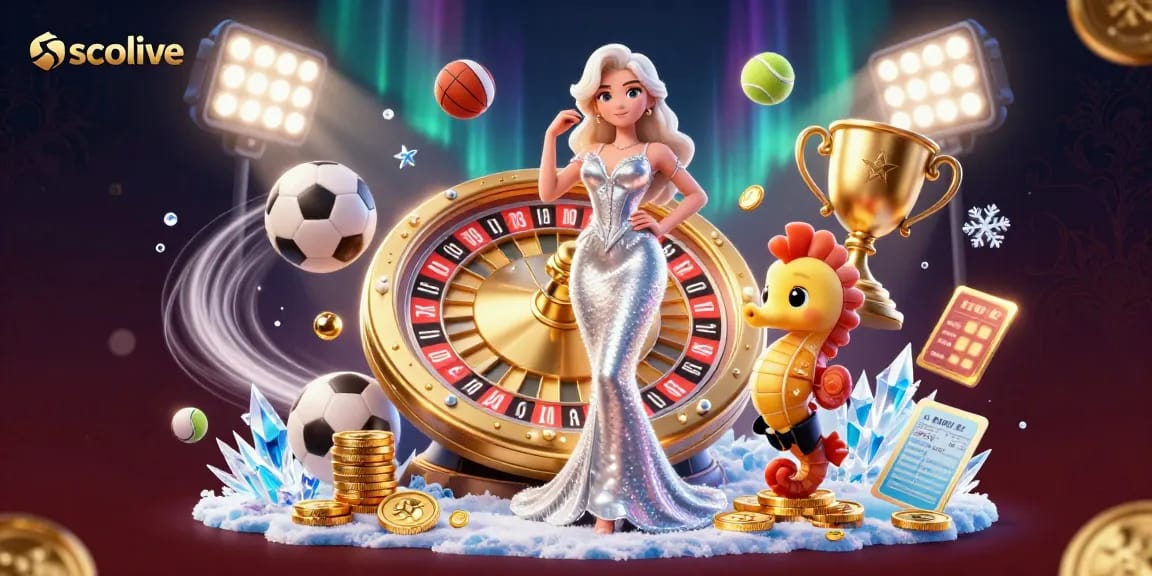 Socolive offers a vibrant 3D scene showcasing a glamorous woman beside a golden roulette wheel amidst dynamic sports elements.