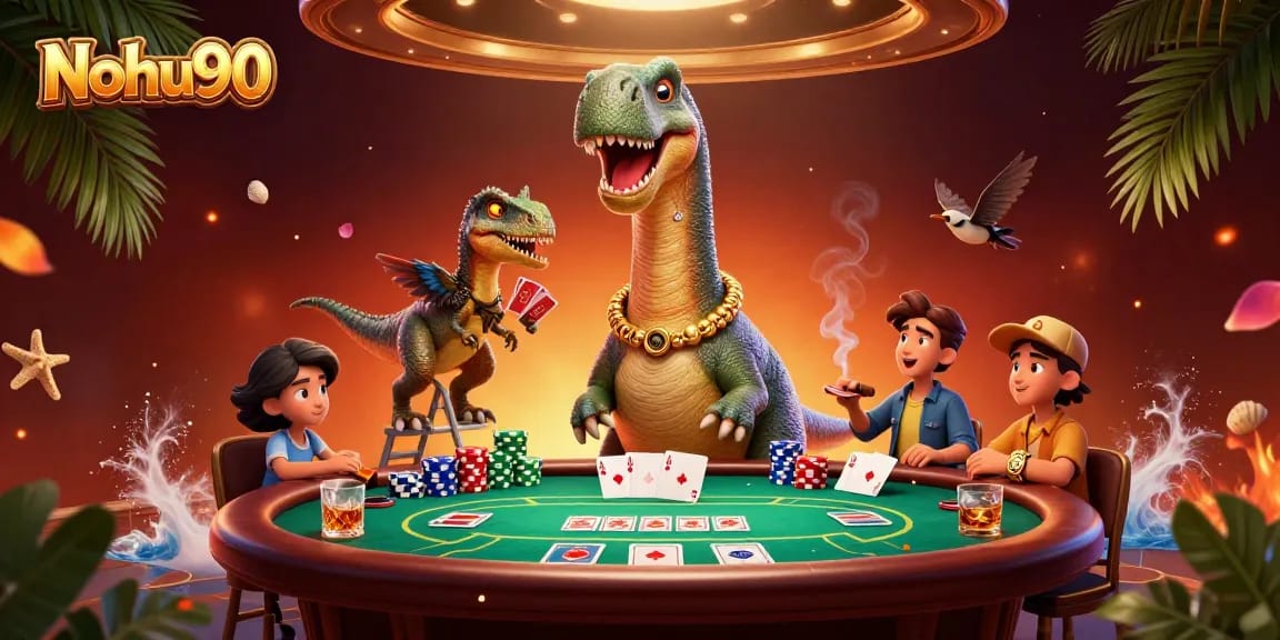 Nohu90 offers a dynamic 3D casino scene with a brontosaurus, raptor, and poker elements.