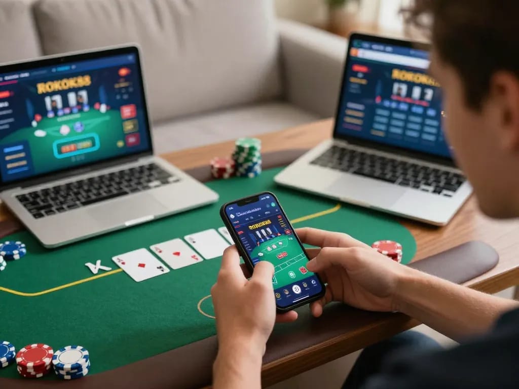 Engaging in ROKOK88 mobile poker gameplay while analyzing strategy notes.