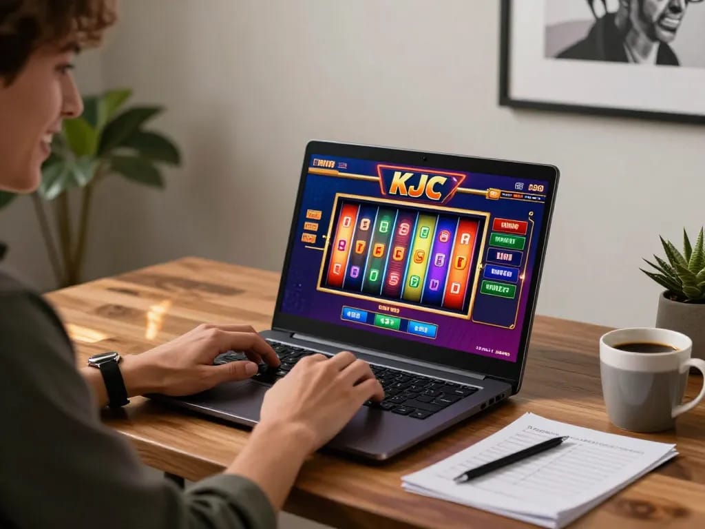 KJC player's exciting online casino gaming experience with vibrant slots interface on laptop.