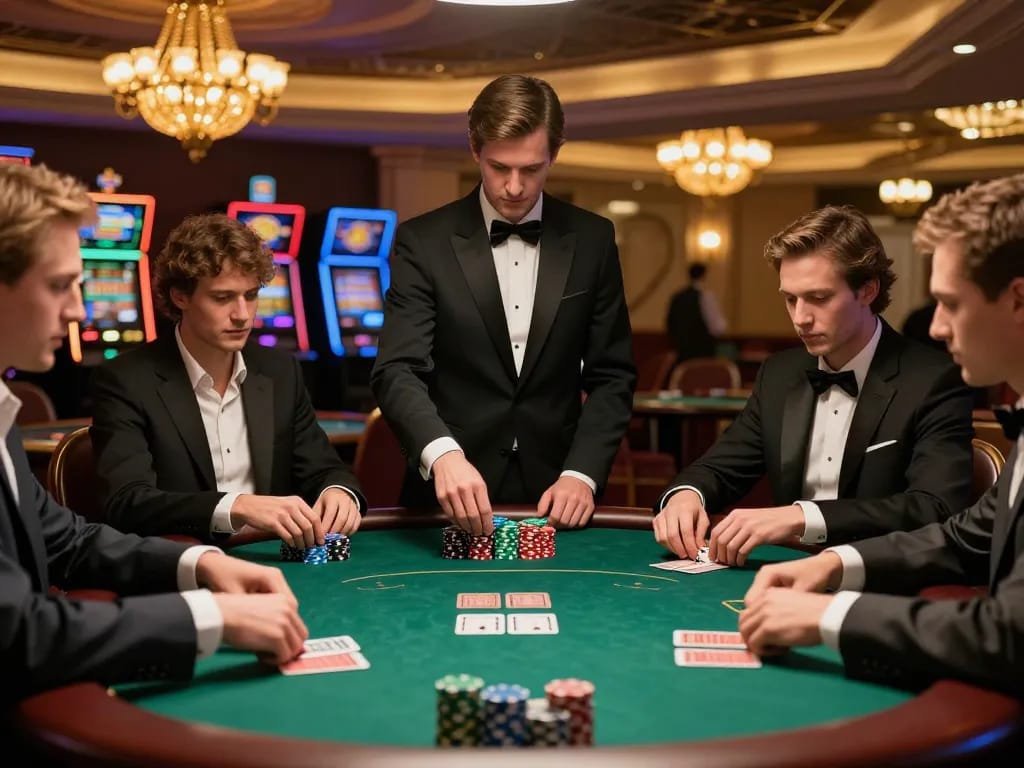 TOPBET players engaged in a high-stakes poker game with dealer managing cards in an upscale casino.