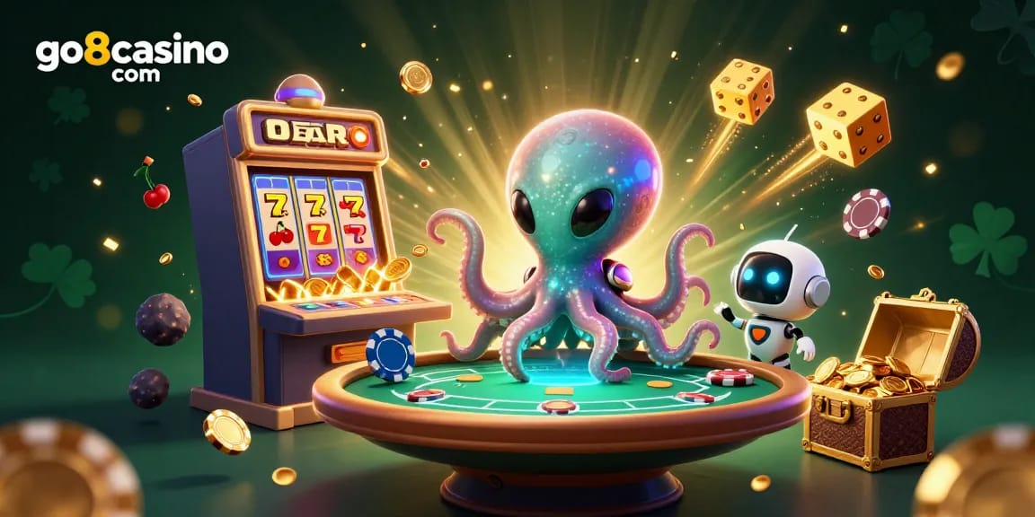 Experience thrilling gameplay at go8casino com with a vibrant alien octopus dealing cards and jackpot excitement.