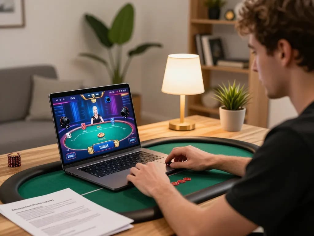 Player reviewing strategy notes while playing dn88s poker online, showcasing responsible gambling.
