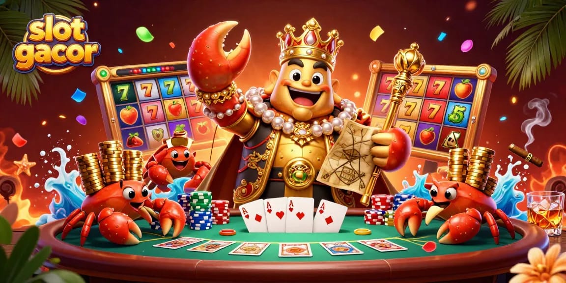 Experience thrilling slot gacor gameplay with a vibrant 3D crab king surrounded by exciting casino elements.