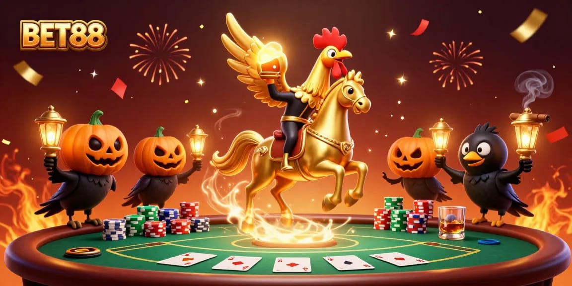 Experience the thrill of BET88 with golden rooster characters amidst animated casino actions.