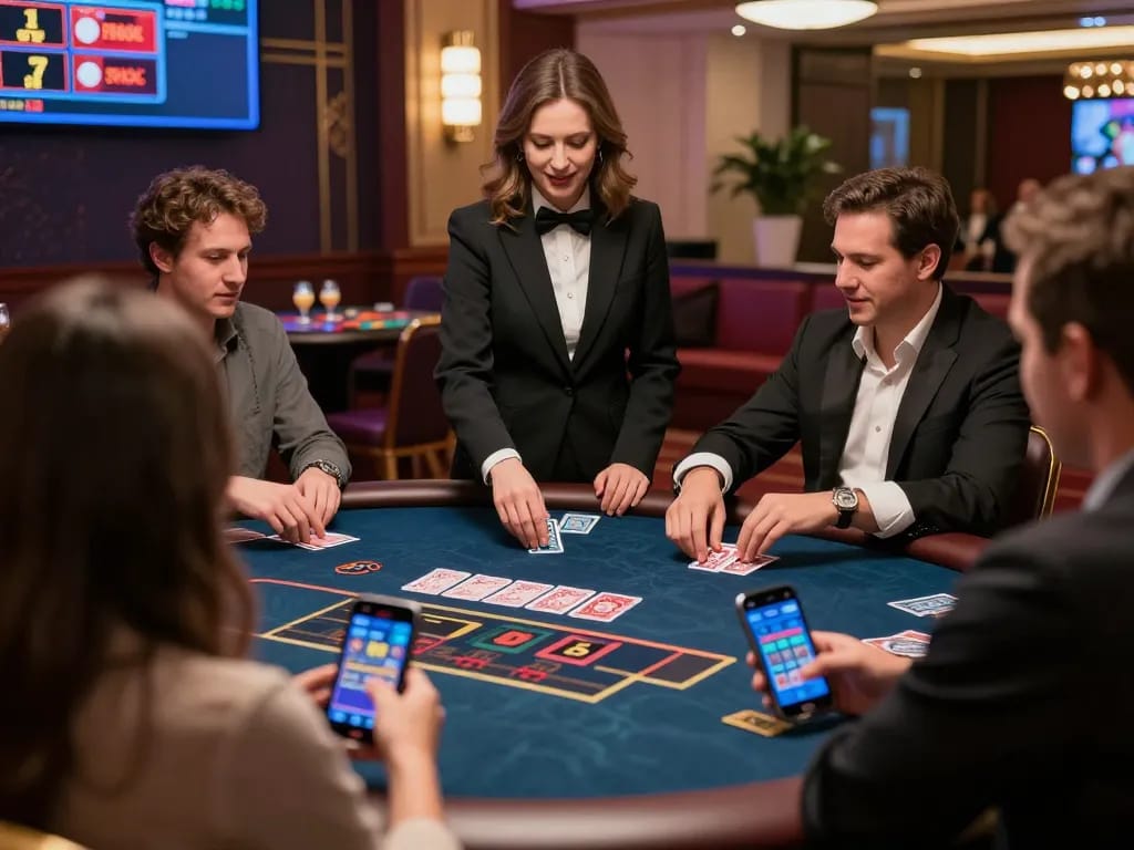 Players engaging in live dealer games at J188 casino with vibrant casino decor and excitement.