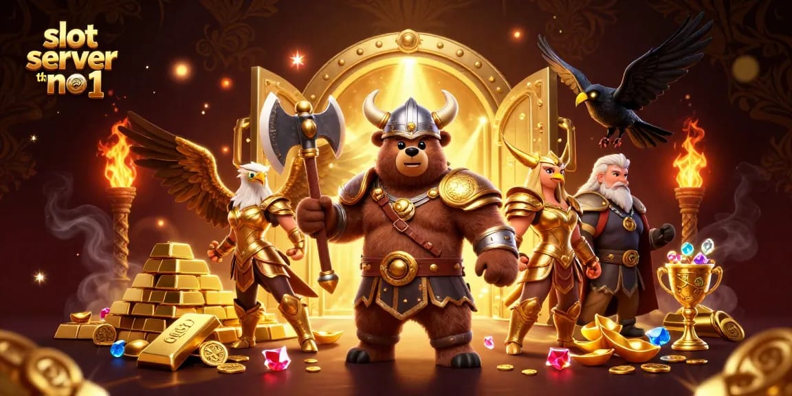 Spin and win with slot server thailand no 1, featuring a Viking bear, Valkyrie eagle, and treasure!