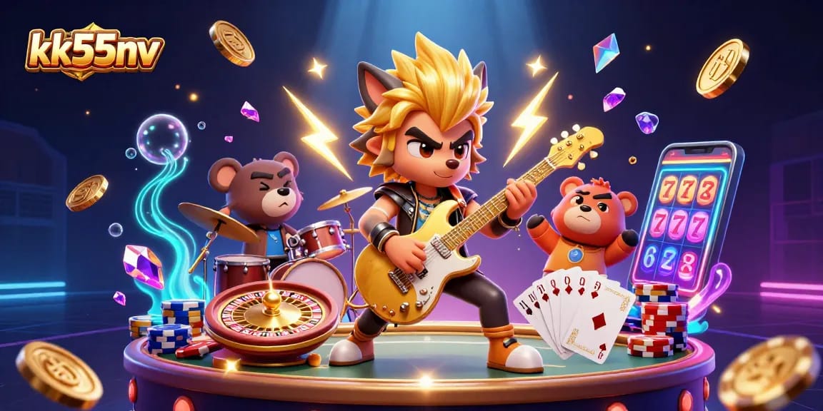 kk55nv features a rock star wolf and drummer bear in a vibrant casino scene with golden effects.