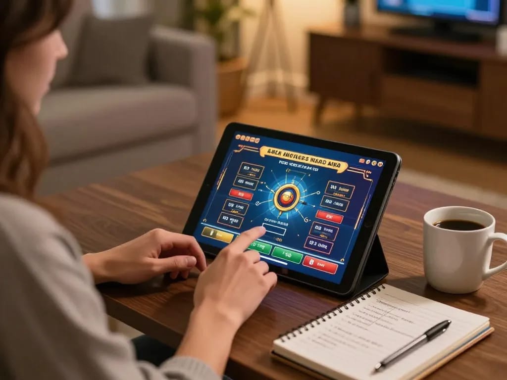 9bet user engaging with online casino gaming on a tablet in a cozy home environment.