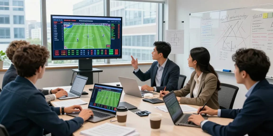 Sports analysts collaborating on giải mã kèo nhà cái in a modern betting office with statistical insights and digital screens.