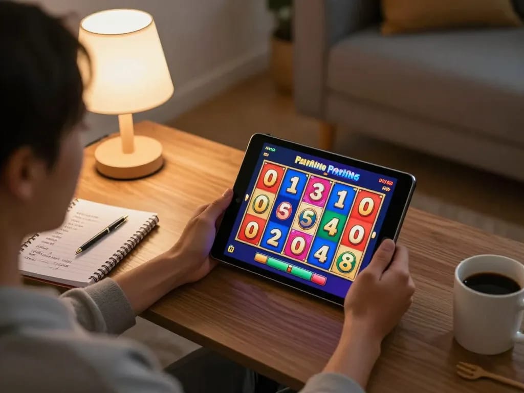 Enjoying an engaging slot online game in a cozy home setup with strategy notes and warm ambiance