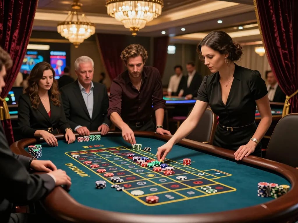 RR88 players engaging at a lively roulette table in an upscale casino atmosphere, witnessing the spinning wheel and betting excitement.