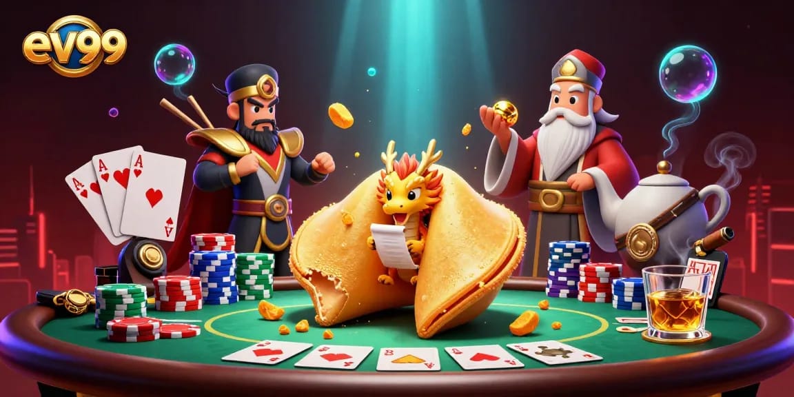 ev99 showcases a vibrant casino scene with a giant fortune cookie and dynamic poker action.
