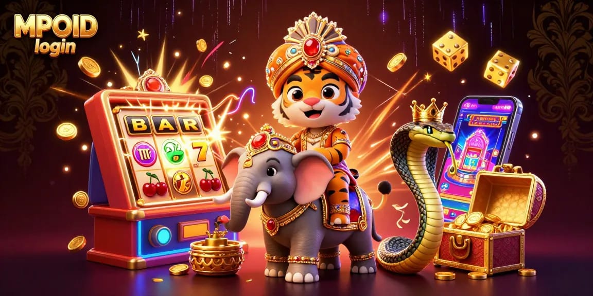 MPOID login showcases a vibrant scene with a maharaja tiger riding an elephant amidst a jackpot explosion in a casino