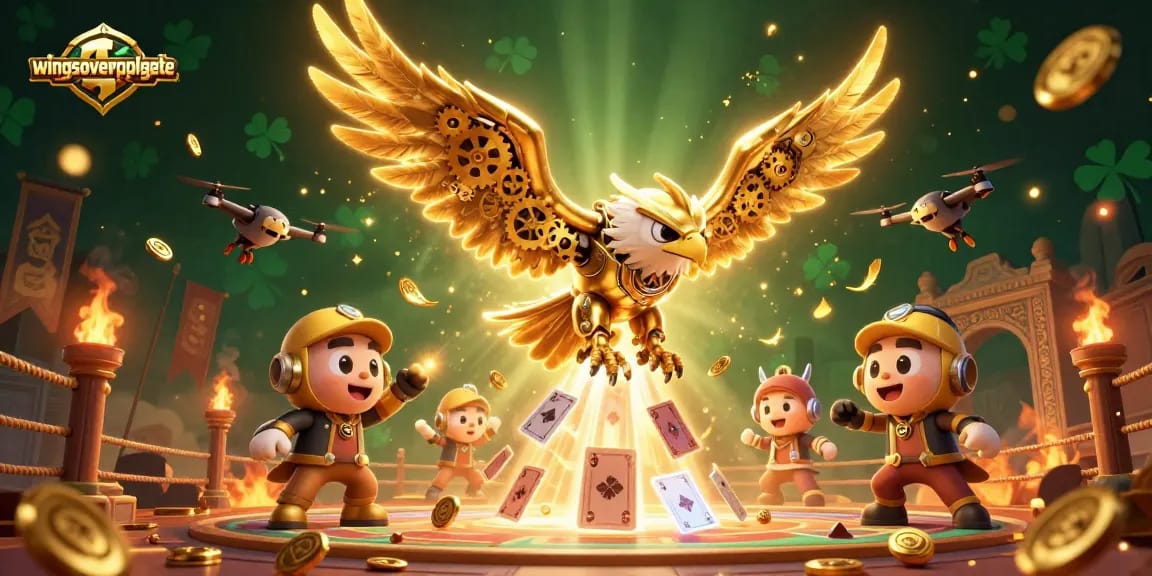 wingsoverapplegate showcases a cybernetic eagle amidst vibrant casino elements, capturing dynamic gambling activity