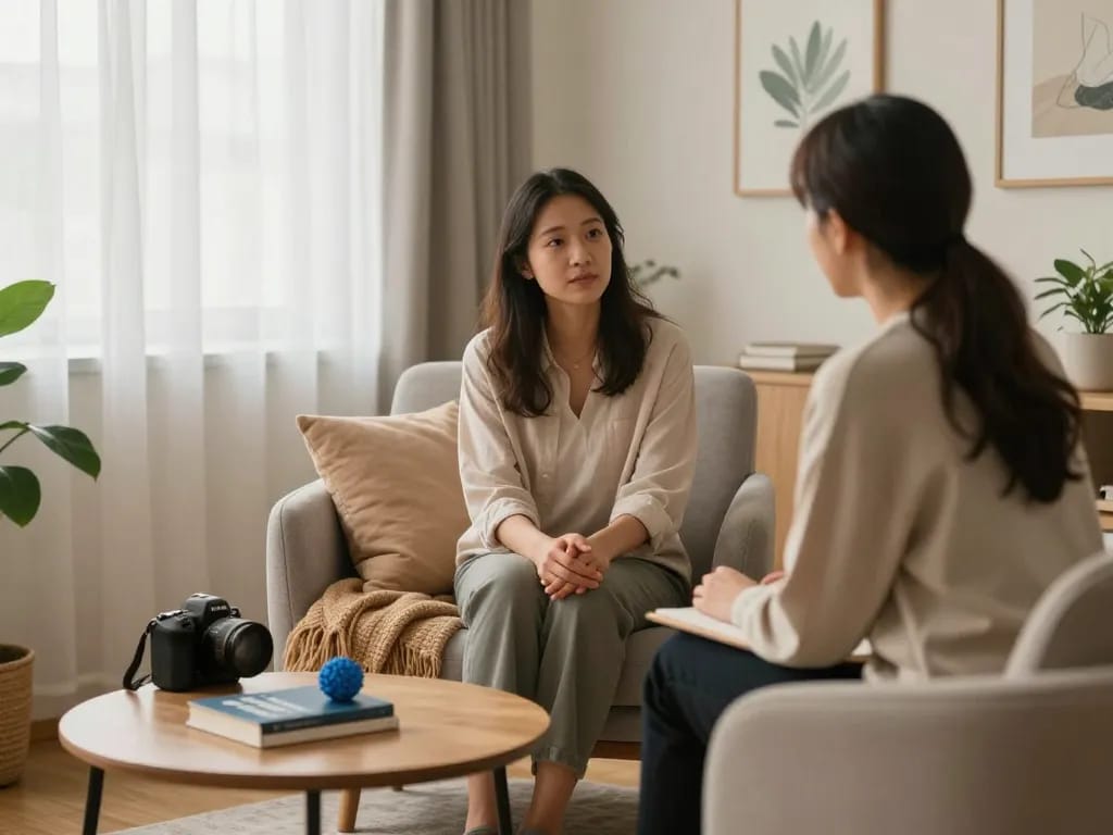 Therapy for 抑鬱症 in a cozy setting, with a professional listening to a patient.