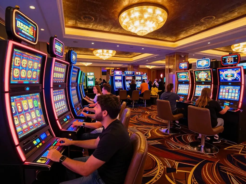 B52CLUB players enjoying vibrant slot machines in a lively casino atmosphere
