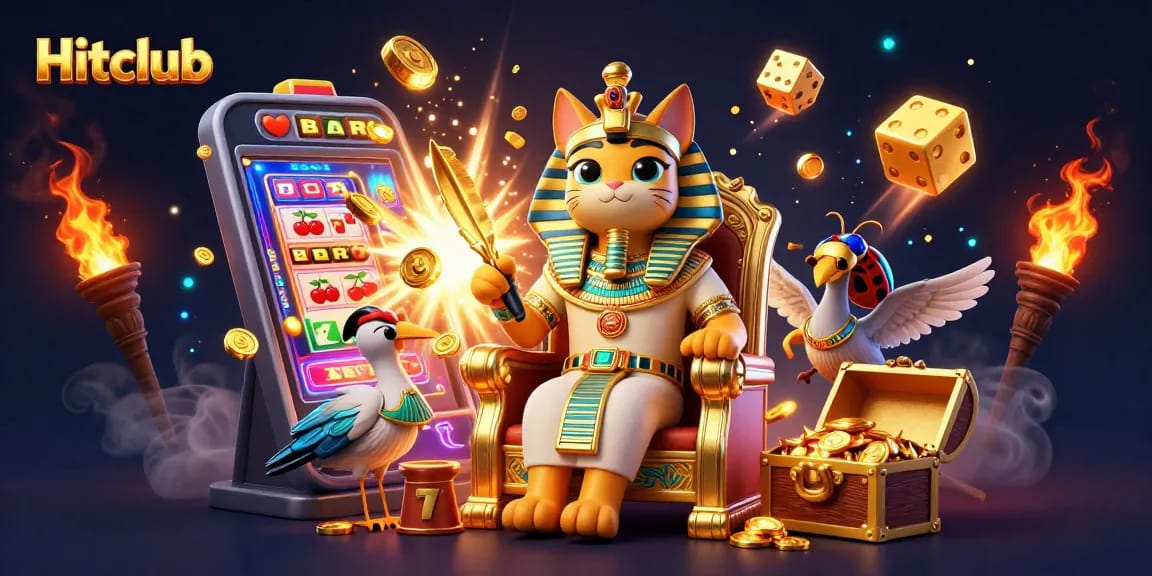 Hitclub's pharaoh cat character celebrates with a jackpot explosion of coins in a dynamic casino scene.