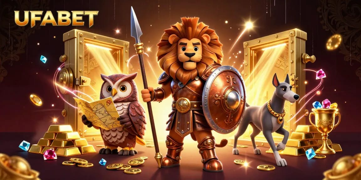 Bet on UFABET and win big with an ultra-detailed 3D casino adventure illustration showcasing gold treasures and engaging characters.