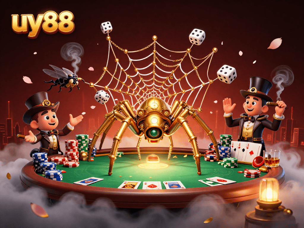 Engage in casino excitement with uy88's steampunk spider web and golden poker chips.