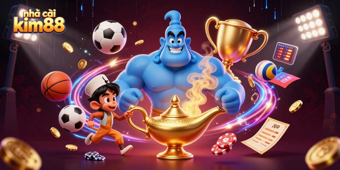 Experience the thrill at nhà cái kim88 with a magical scene of a genie, monkey, and poker chips!
