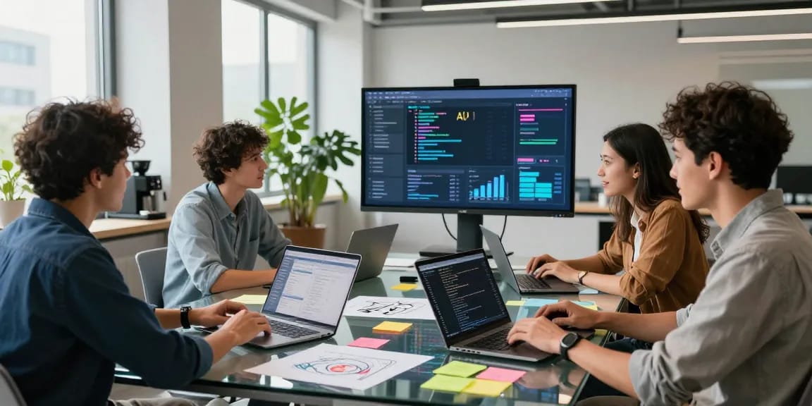 Team collaborating on the best AI tools in a modern office setting, showcasing innovation and teamwork.